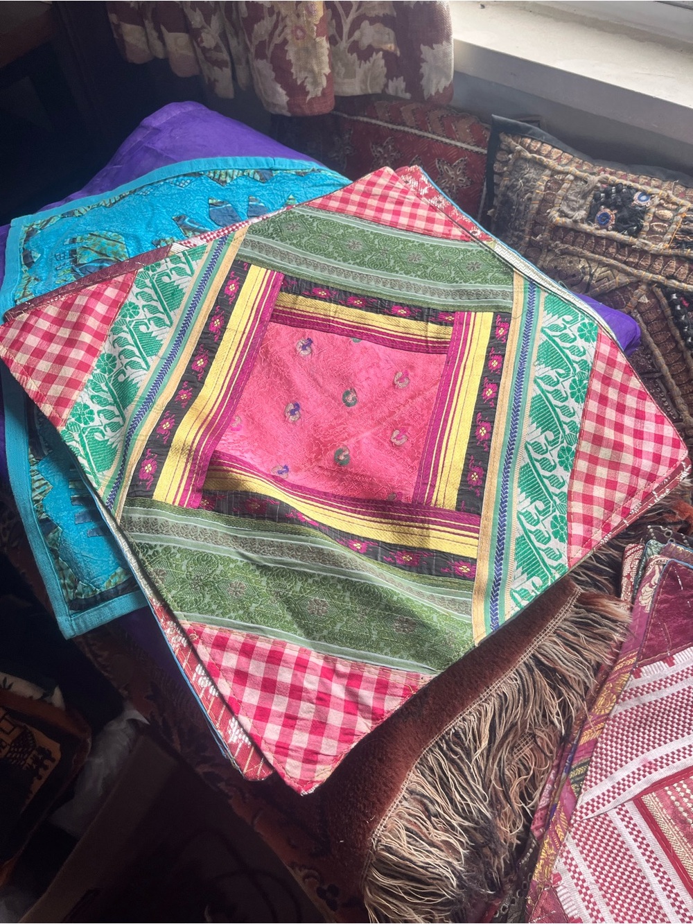 Colorful Patchwork Decorative Pillow Cover - Vibrant Pink & Green